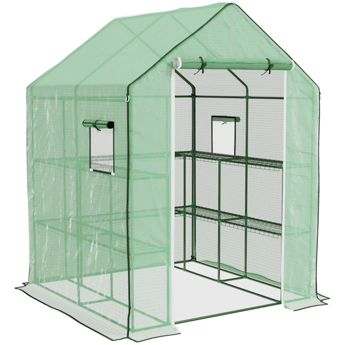 Walk-in Mini Greenhouse with 8 Tier Shelves, Portable PE Mesh Plant Growing Tent with Roll-Up Door & Ventilated Windows, Outdoor Backyard Gardening Greenhouse