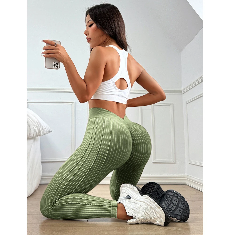 Women Seamless Gym High Waist Yoga Leggings Booty Lifting Outdoor Sports Tight Solid Striped Fitness Pants Exercise Yoga Pants