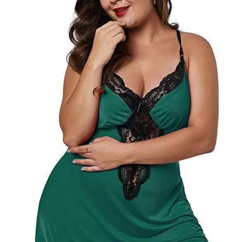 Ladies Summer Plus Size Pajamas Loose Sleeveless Suspenders Sexy Solid Women Night Dress With V-Neck Lace  Elastic Home Clothing