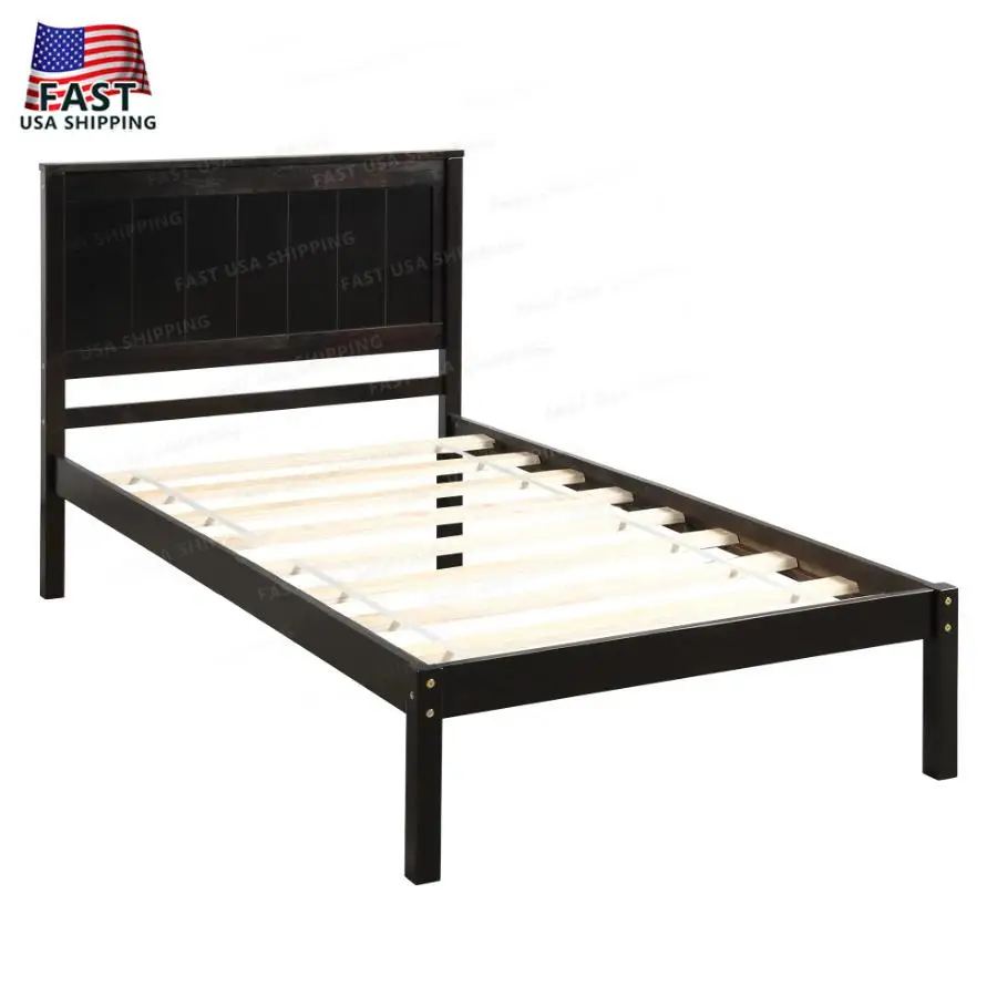 Espresso Twin Platform Bed Frame with Classy Headboard Wood Slat Support No Box Spring Needed