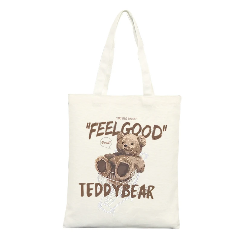 Canvas Tote Bag with Teddy Bear and Letter Print, Casual Style for Daily Shopping and Outings