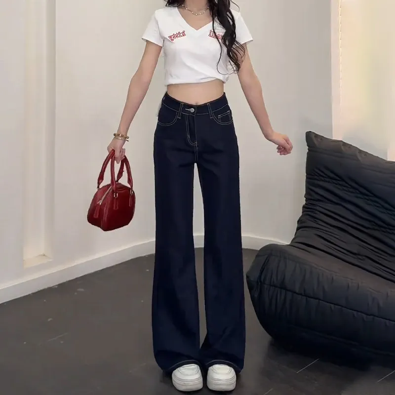 Denim Blue Micro-flared Jeans Women's 2026 Spring High Waist Loose Drape Small Straight Mopping Pants