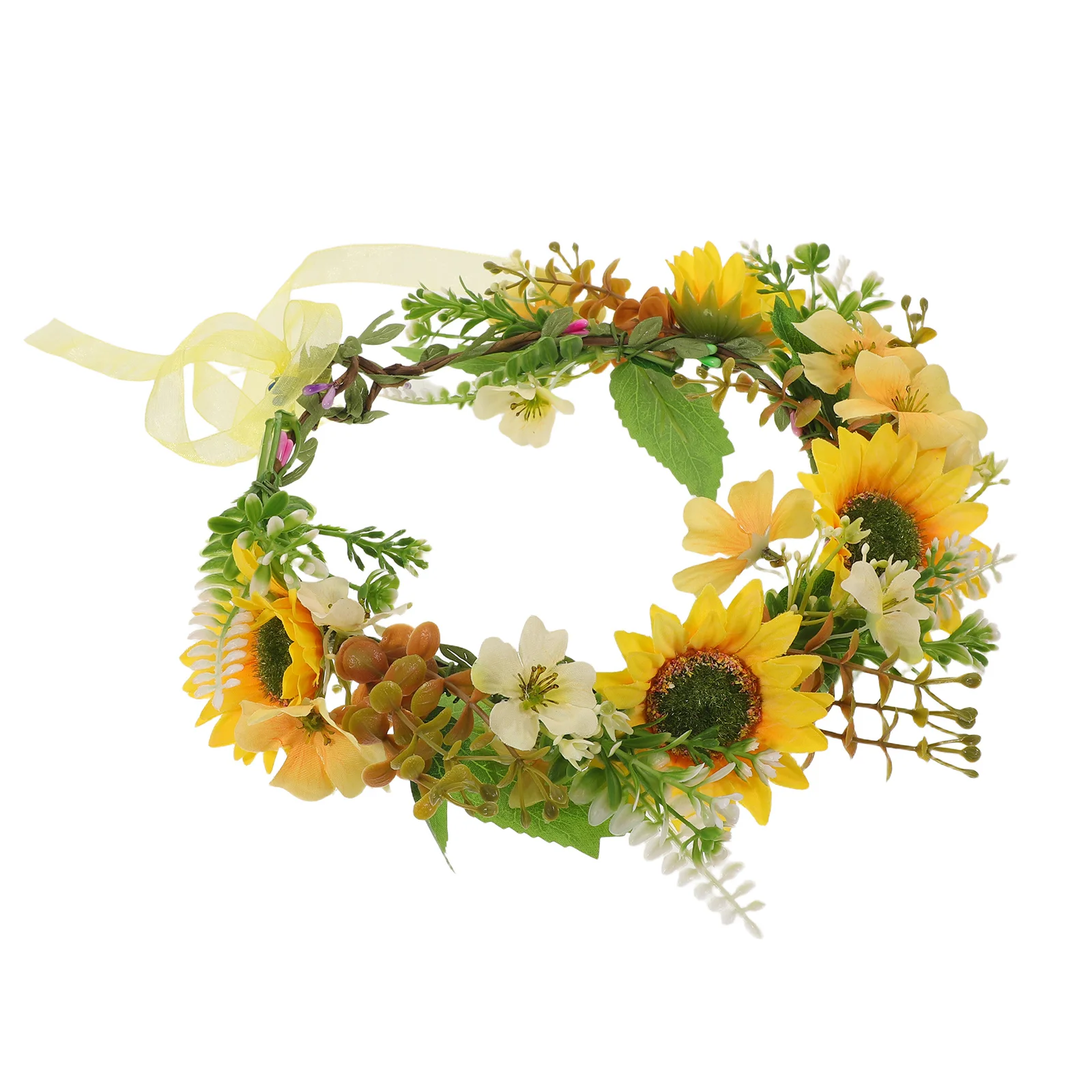 زهرة عباد الشمس تاج الورقة الخضراء خوذة للنساء مهرجان الزفاف صور الدعامة رباط شعر الزهور