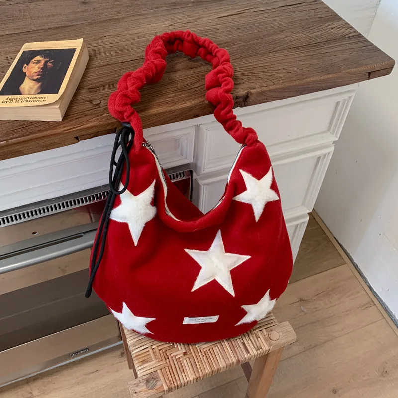 

Korean Sweet Star Plush Tote Bag for Women2026New Women's Large Capacity Commuting Shoulder Bag Red Crossbody Bag