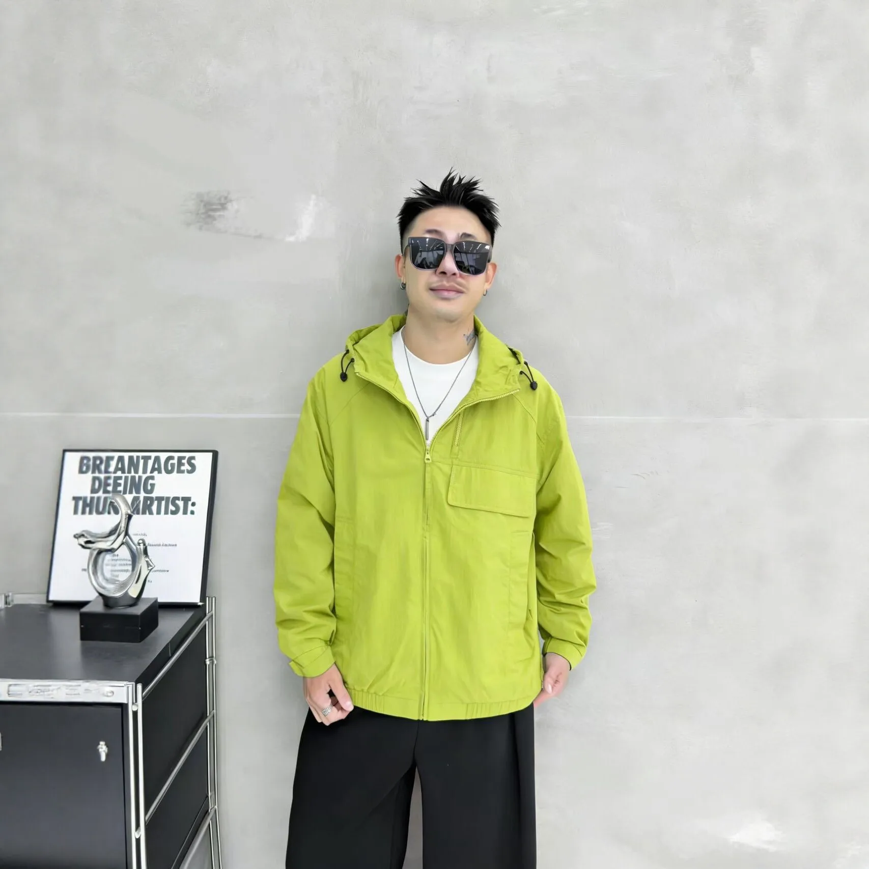 

Spring 2026 Men's Hooded Workwear Jaet Casual Versatile Color Trendy Top irt Stand Fit Long Sve Polyester