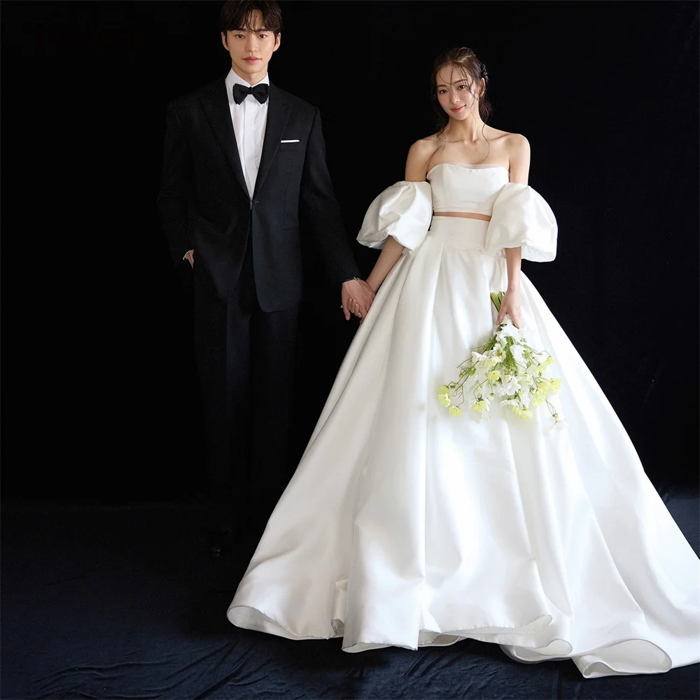 Toofgon 2 Pieces Soft Satin Korea Wedding Dresses Customized Bridal Gowns Short Sleeves Long Bride Party Wedding Photography