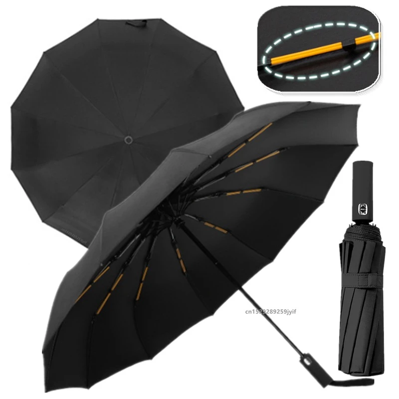 12K Double Bones Black Glue Automatic Umbrella With Thick And Durable Keel Three Fold Umbrella UV Resistant Folding Umbrella