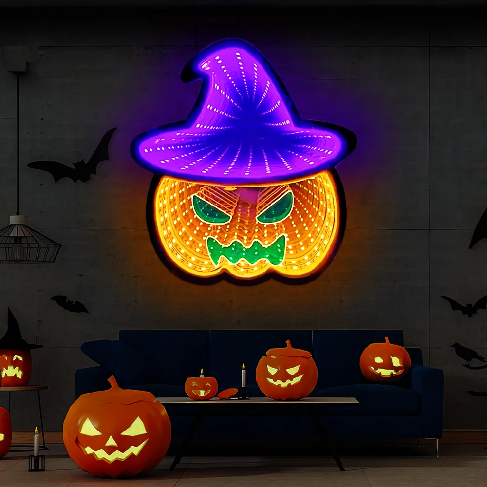 Halloween Infinity Mirror LED Neon Light Signs, Pumpkin Ghost Bat Signs, Presente do miúdo, Personalizado, Clube, Bar, Casa, Quarto, Ao ar livre, Presentes