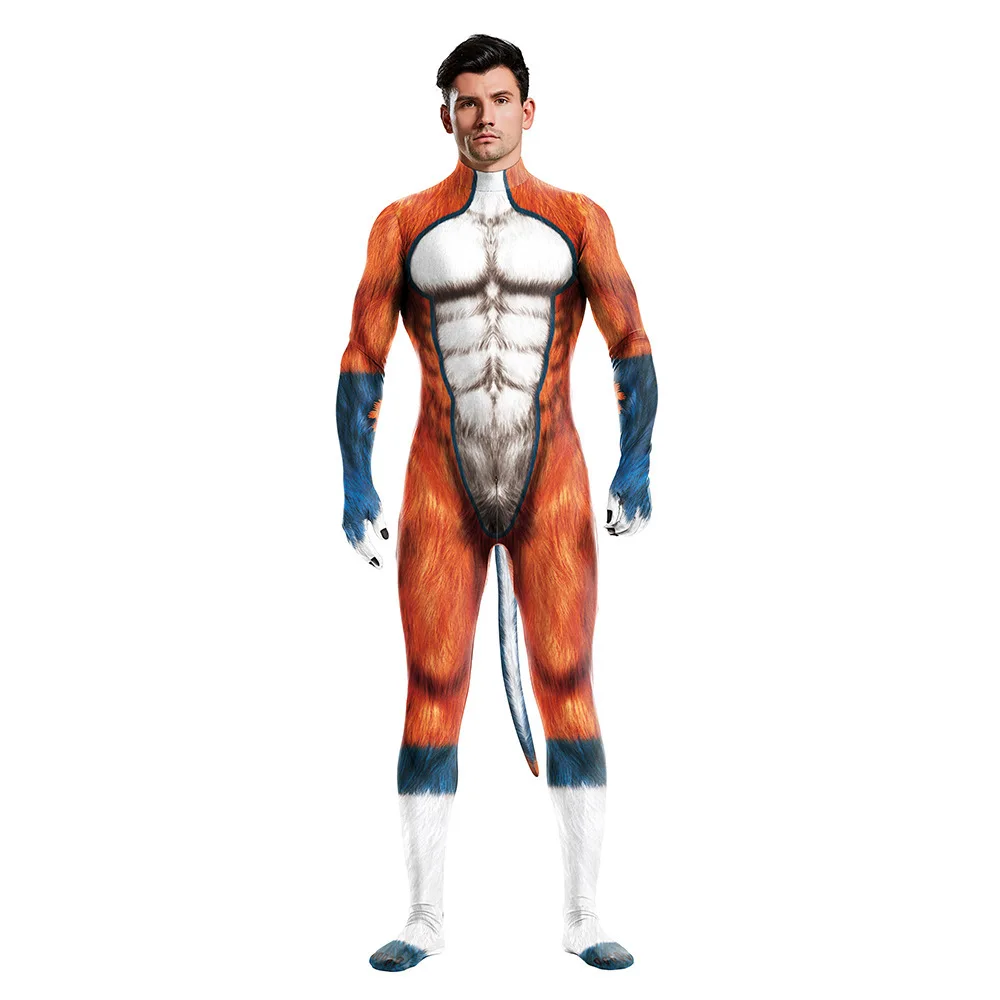 

New Halloween Cosplay Costume Husky Dog Print Zentai Bodysuit with Tail Carnival Theme Party Role Playing Outfits for Adult Men