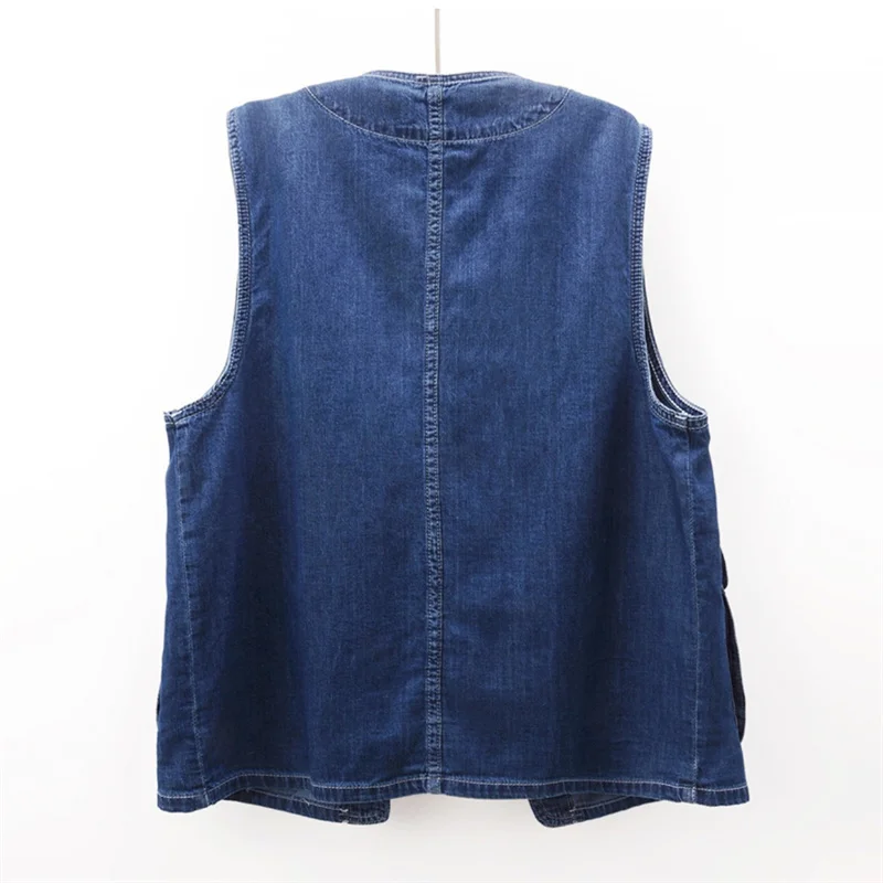 Korean Vintage Dark Blue Big Pocket Denim Vest Women Loose Mid Long Cowboy Waistcoat Casual Sleeveless Jeans Jacket Coat Female