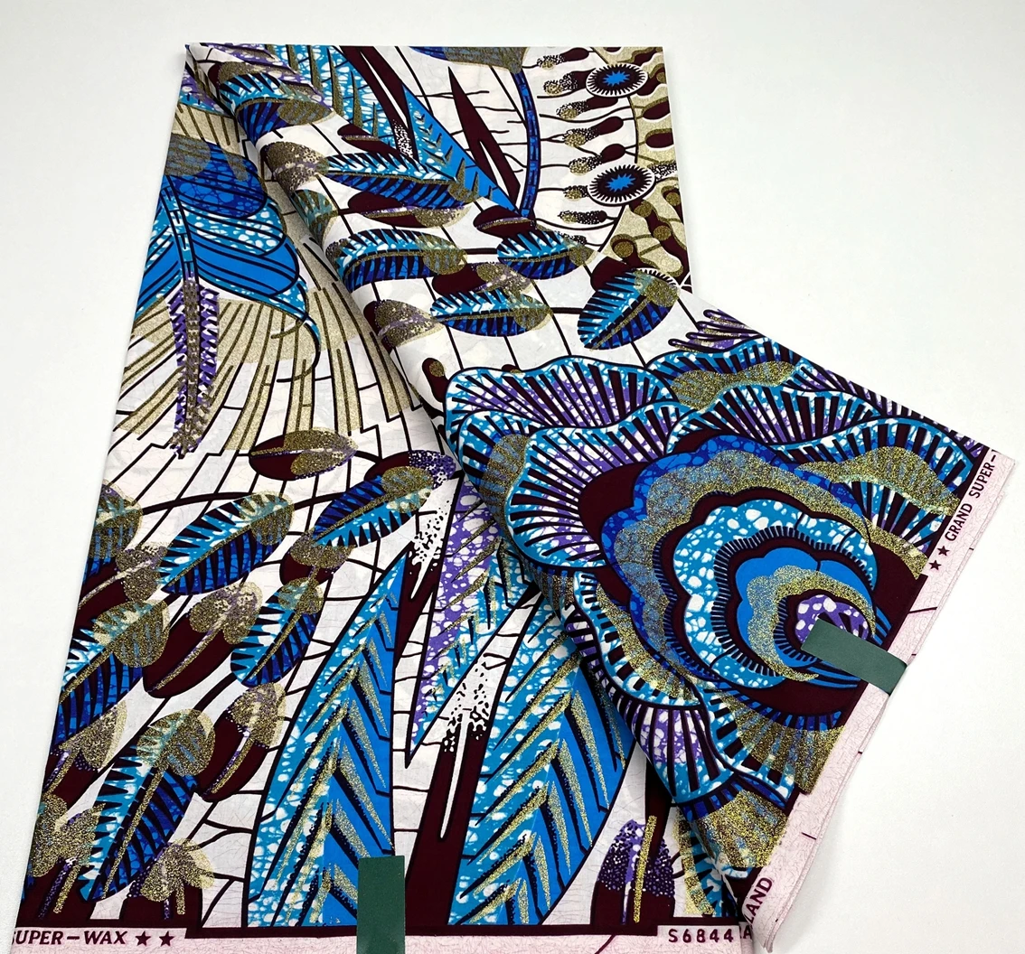 African cotton wax prints fabric Grand super Hollandais wax fabric Golden wax glitter  6 yards per piece