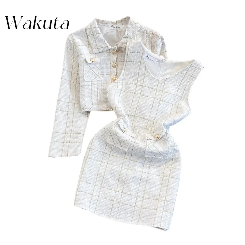 WAKUTA Korean Classic Fall/winter Small Perfume Collar Long-sleeved Tweed Jacket Fashion Waisted Hip Robe Two-piece Matching Set