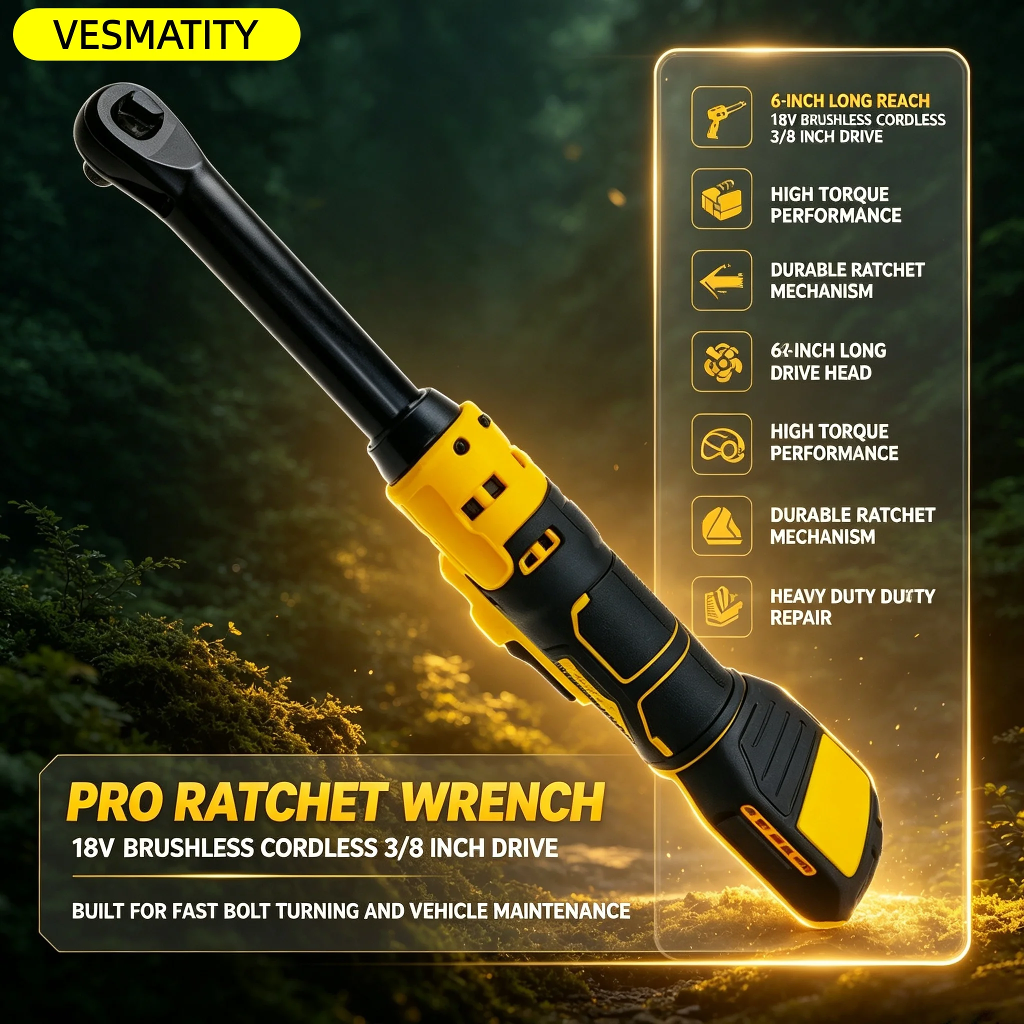 Power Tool VESMATITY Cordless Ratchet Wrench 220N.m 3/8 Inch Extended Head Removal Screw Nut Elite for 18V-20V Battery