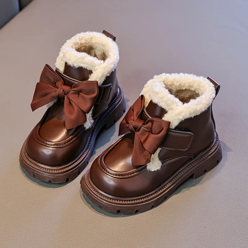 

Милые зимние хлопковые ботинки для девочек, детские повседневные теплые плюшевые ботинки в стиле ретро с бантом, нескользящие модные классические детские ботильоны принцессы