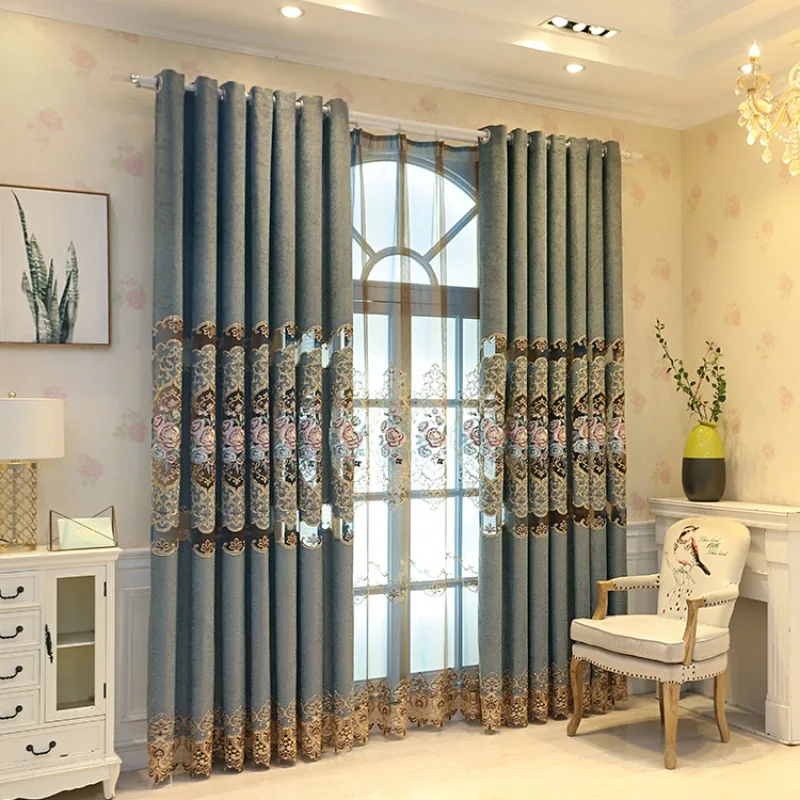 Custom  Size！！European Chenille Hollow Embroidered Peony Luxurious Atmospheric Curtains for Living Dining Room Bedroom Decor