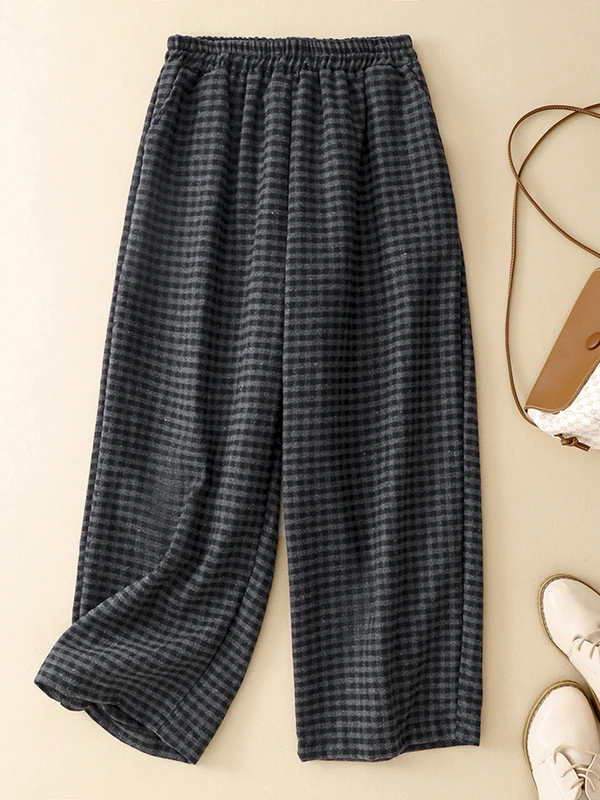 

Ретро клетчатые повседневные брюки с эластичной резинкой на талии, женские зимние свободные универсальные широкие брюки для путешествий на открытом воздухе, девять очков