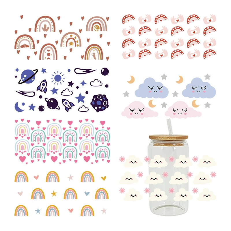 3D UV DTF Transfers Stickers 16oz Cup Wraps Cartoon Rainbow Printed For DIY Glass Ceramic Metal Leather Etc. D8780