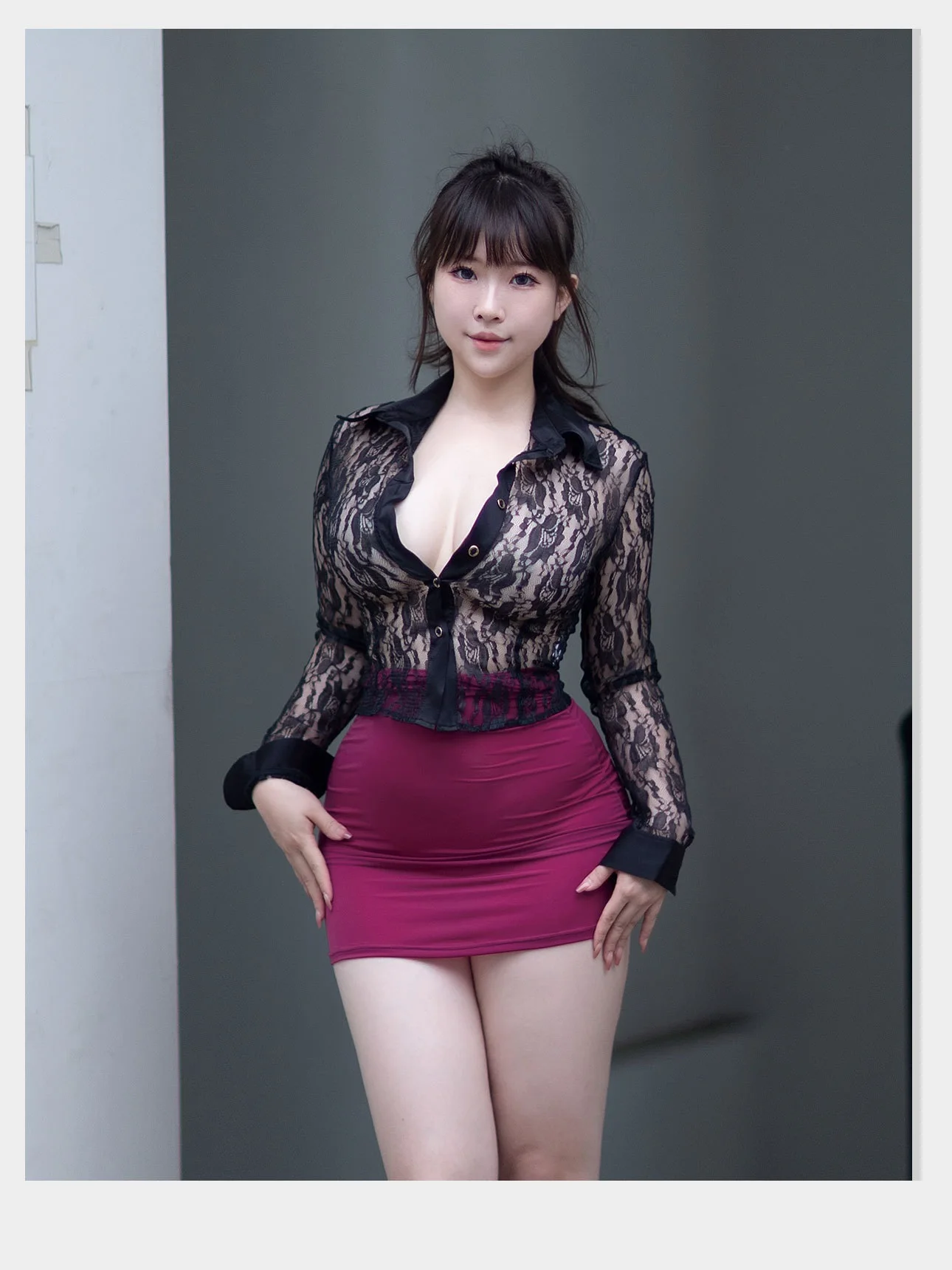 Women Lady Customized Sexy Lace Long Sleeved Shirt Perspective Top Short
