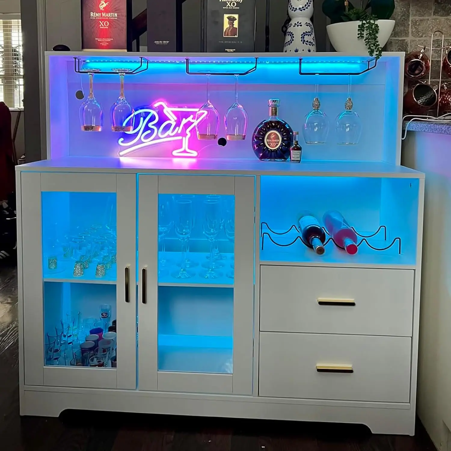 Weinbarschrank mit LED-Licht, Kaffeeschrank für Zuhause mit Wein- und Glasregal, Küchen-Sideboard mit Aufbewahrungsschrank und Schubladen