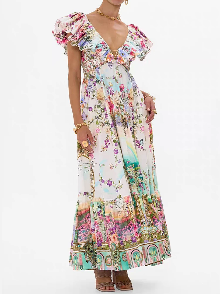 Vintage geometric print fly-sleeve V-neck high-waisted vest dress 2025 summer women's fashion pleated loose A-line pommel skirt