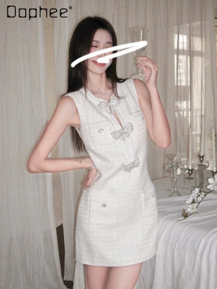 

Temperament Celebrity Tweed Evening Dresses Sweet Bow Hollow Bead Slim Dress Women Heavy Industry Temperament Diamond Mini Dress