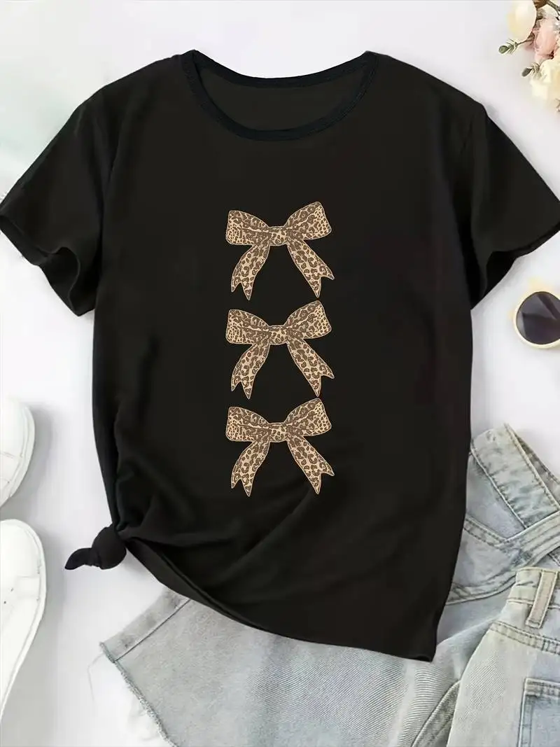 

Plus - Size Black Round Neck T - Shirt with Leopard - print Bow Design: Chic - bold and Stylish
