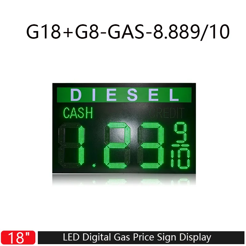 High Brightness 18 Inch Green DIESEL 8.88 9/10 Gas Station Led Gas Price Sign