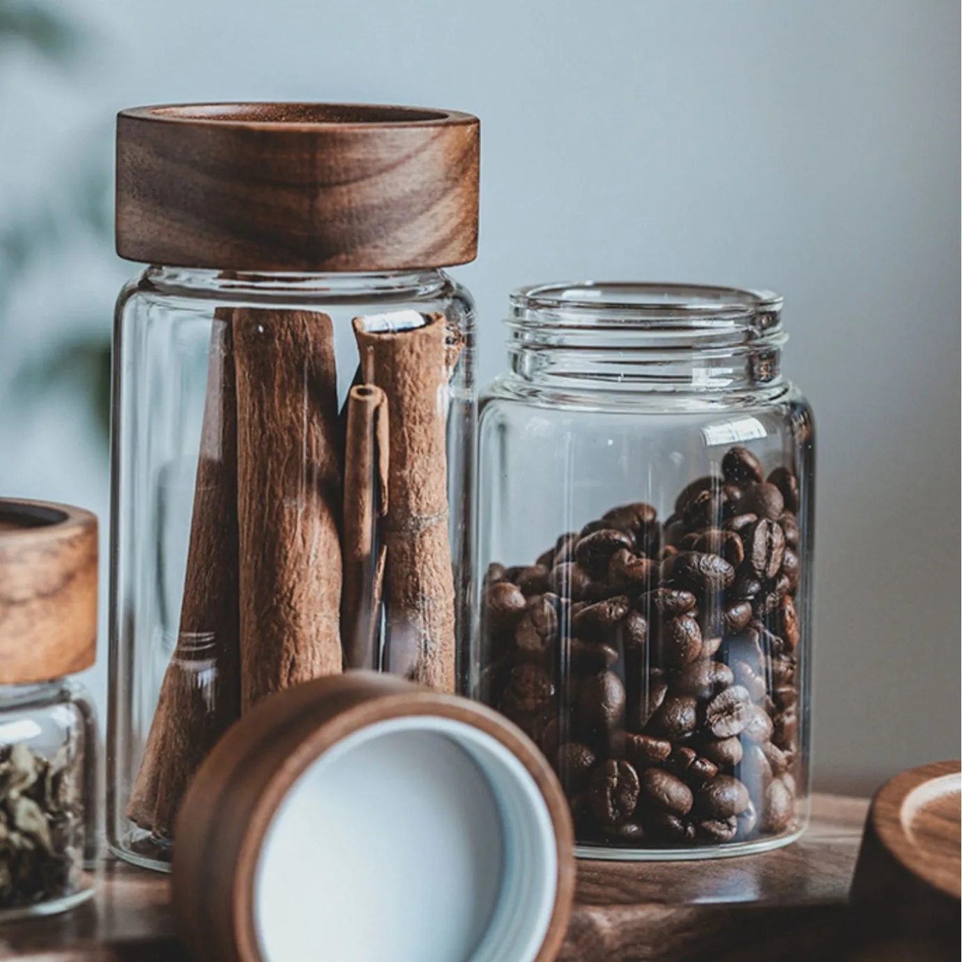 New Small Glass Storage Jars with Airtight Lids, coffee container with Wooden Lid, Glass Pantry Canister for Beans, Rice,Sugar