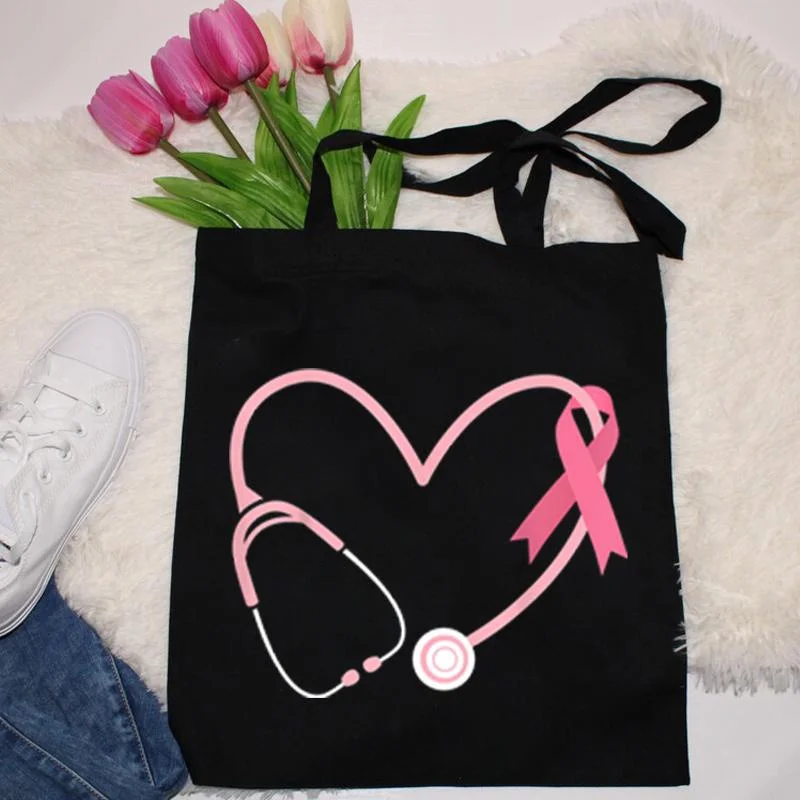 Hot Doctor Nurse Heart Love Pink Ribbon Breast Cancer Awareness Printing Shopping Bag Black White Handbag Tote Fashion Women bag