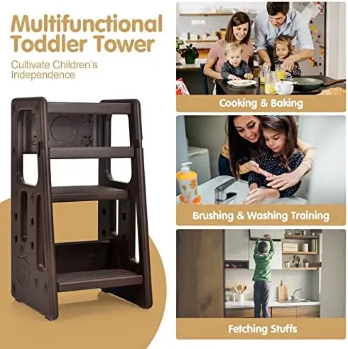 Kitchen Step Stool with Double Safety Rails, Toddler Learning Stool with 3 Adjustable Heights and Non-Slip Foot Pads, Toddler To