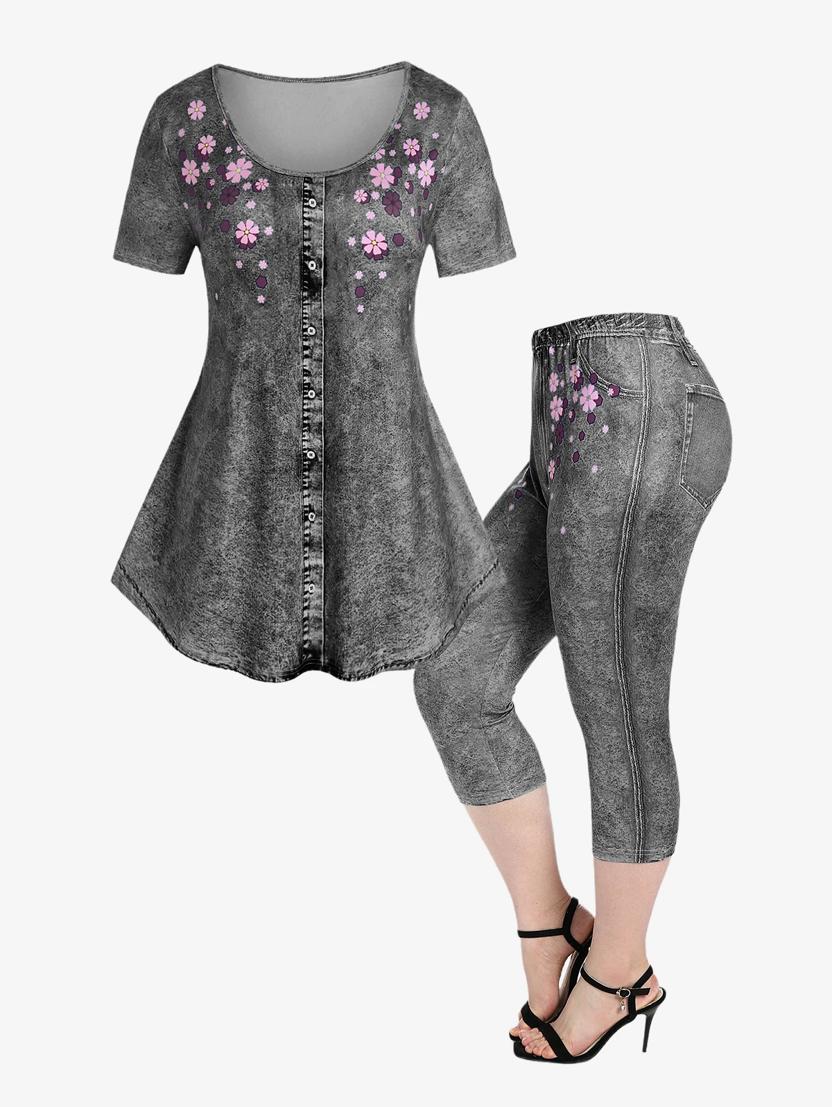 ROSEGAL Plus Size 3D Print Tee and Capri Leggings Matching Set for Women Butterfly Floral Pattern Outfits OverSize Graphic Cloth