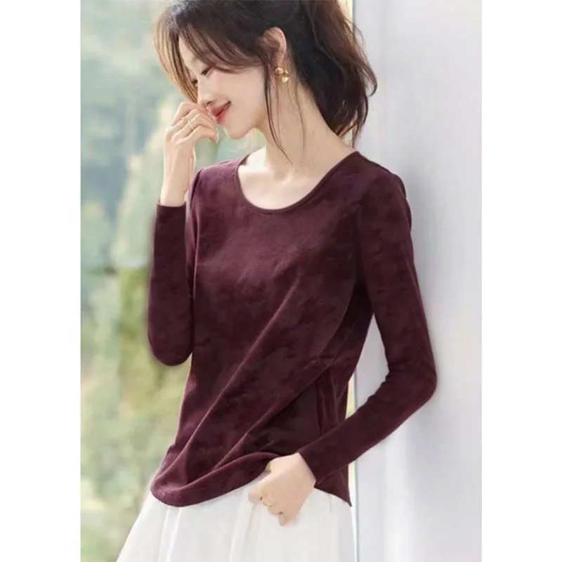 Women Round Neck Long Sleeve T Shirt Abstract Batik Gradient Texture Slim Fit Basic Top For Spring Autumn
