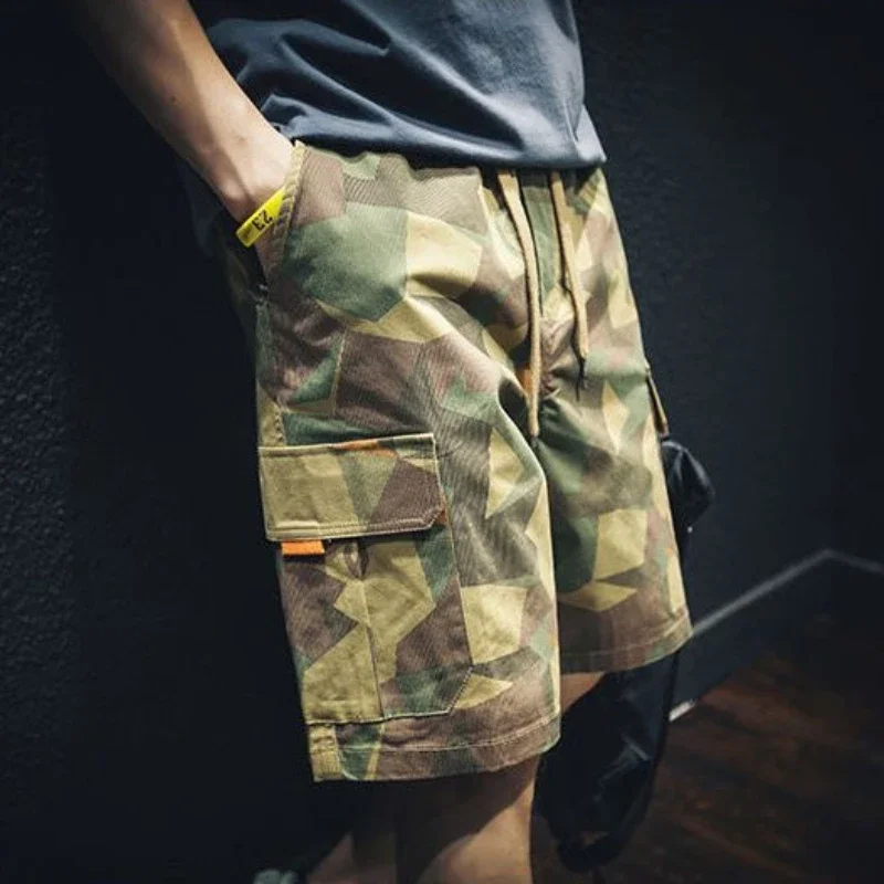 Men\'s Cargo Shorts with Draw String Camo Printed Male Short Pants Camouflage Streetwear Hevy Whate Popular New in Summer Jorts