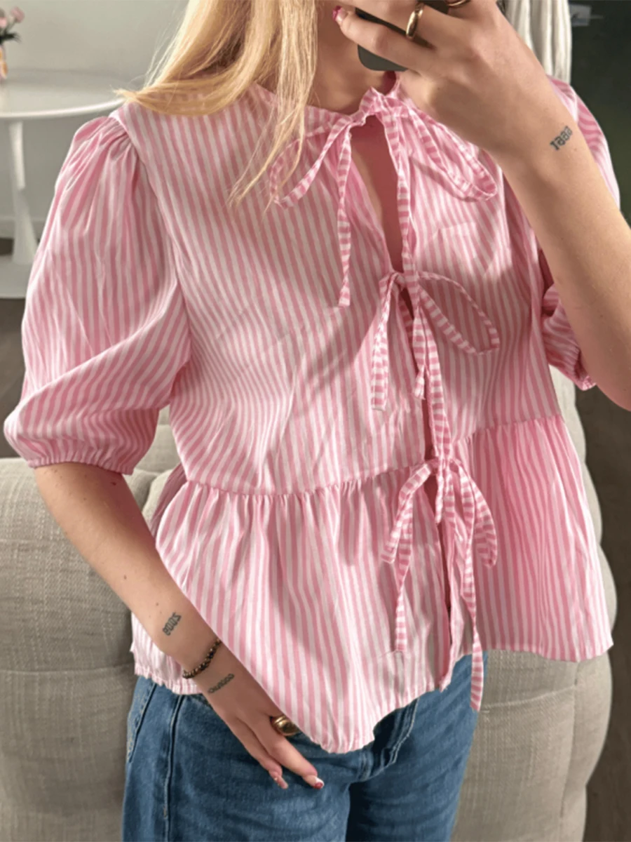 Women Bow Tie-Up Front Tops Plaid/Striped Peplum Babydoll Blouse Half Puff Sleeve Crew Neck Lace Up Casual Shirt for Daily Life