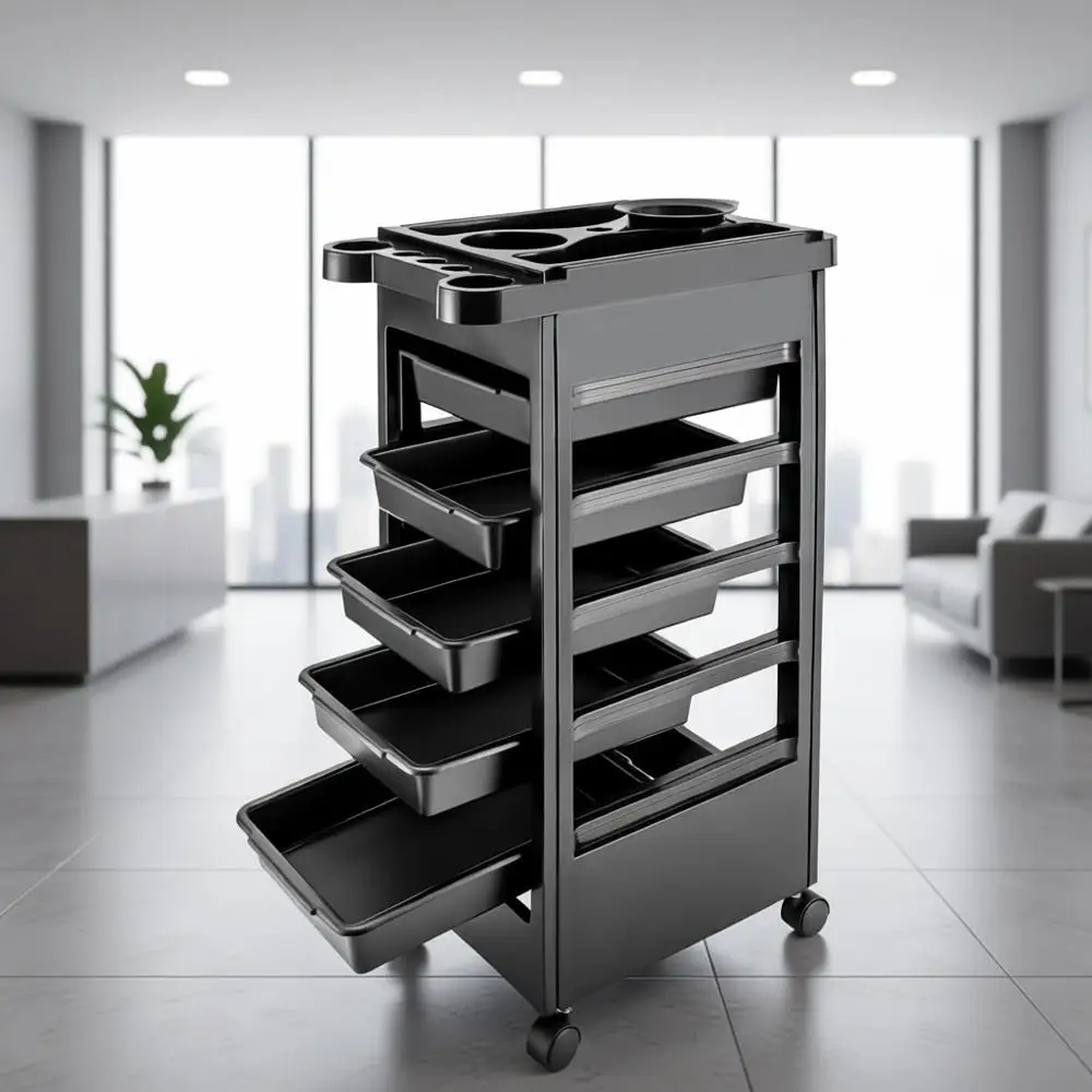

Rolling Spa Trolley with Storage Cart, Hair Dryer Holder, Mobile Barber Station, Black Styling Organizer for Beauty Tools