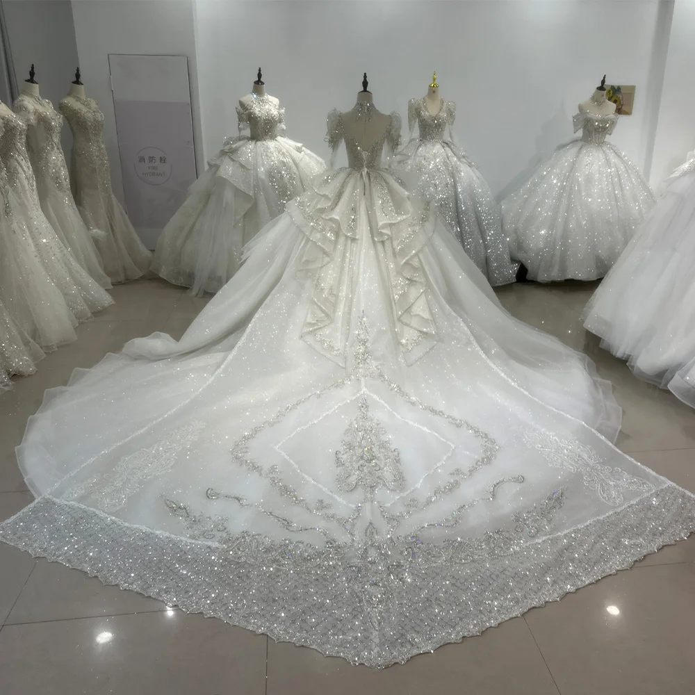 Luxurious High Neck Wedding Dress Bride Dresses Organza Classical Lace Pearls Printed Bridal Gown Vestidos De Novia XS106