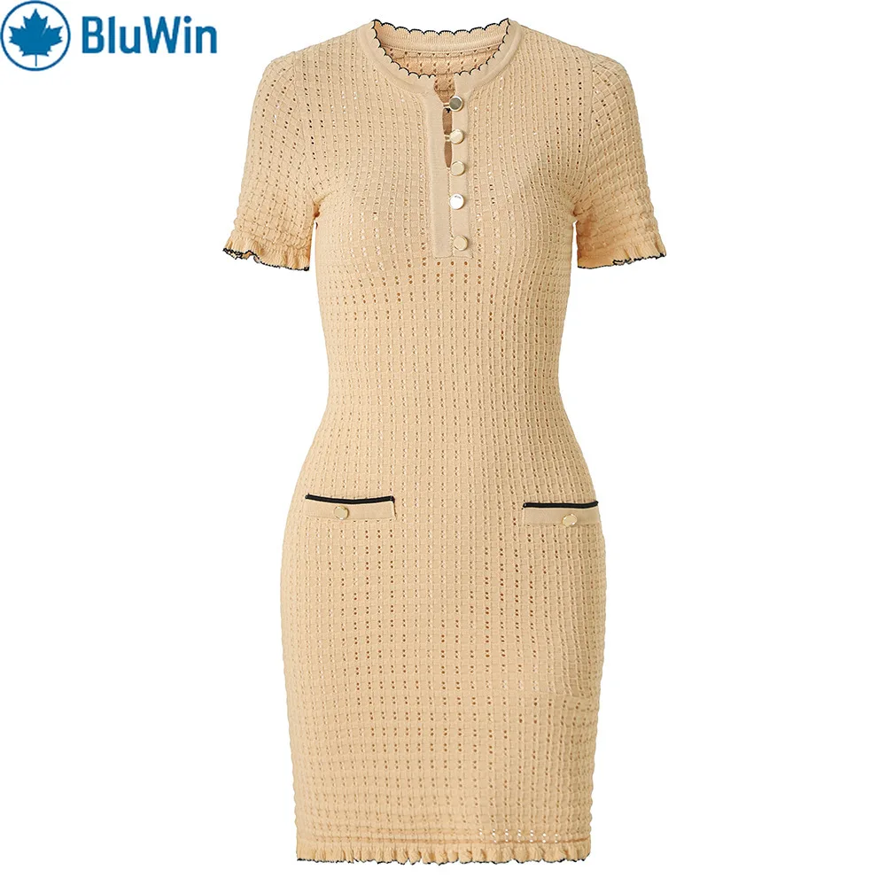

BluWin 2025 Block Hollow Out Round Neck Short Sleeve Knit Mini Dress with Inner Slip – Elegant Waist-Cinching Outfit for Women