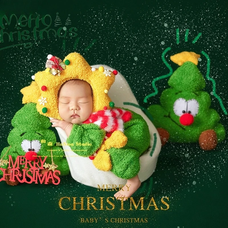 Newborn Photography Props for Baby Christmas Photoshoot Green Backdrop Outfit Set X'mas Tree Decors Set for Studio Photo Shoot