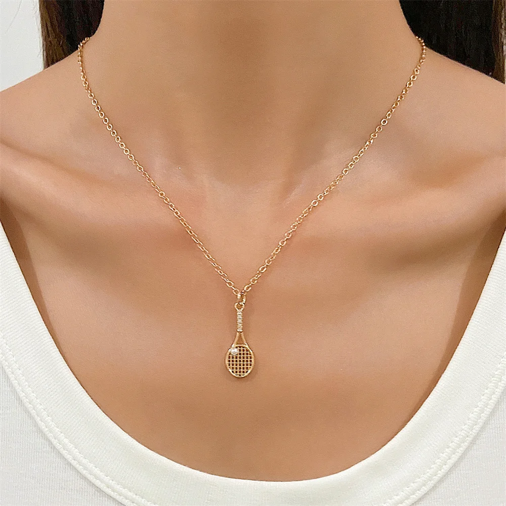 Trendy Tennis Racket Necklace for Women Girls Fashion Zircon Pearl Tennis Ball Pendant Clavicle Chain Jewelry Accessories Gifts