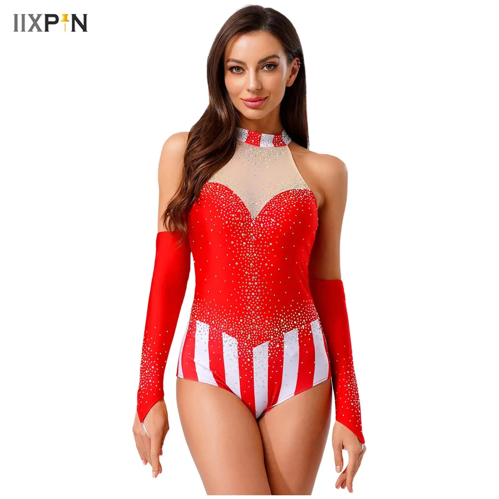 

Womens Circus Ringmaster Cosplay Bodysuit Glittery Rhinestone Sleeveless Leotard+Fingerless Gloves Gymnastic Skating Dancewear