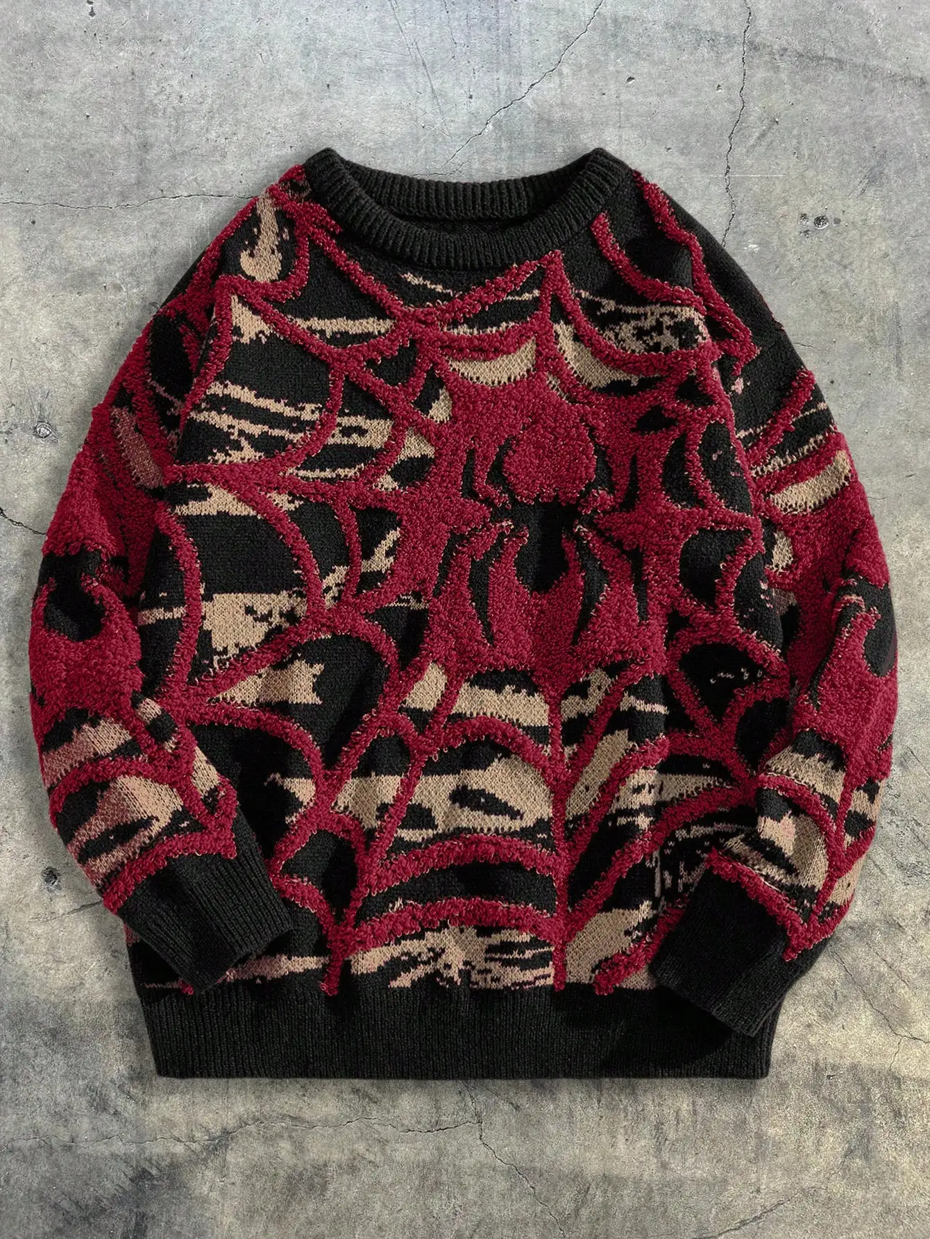 

Мужской вязаный свитер с круглым вырезом и длинными рукавами, с красным узором в виде паутины, в повседневном уличном стиле для осени и зимы