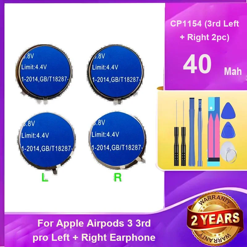 For Apple Airpods Pro Left + Right Earphone CP1154 3rd 2pc Stable Power Supply 40mAh Robust Earphone Battery