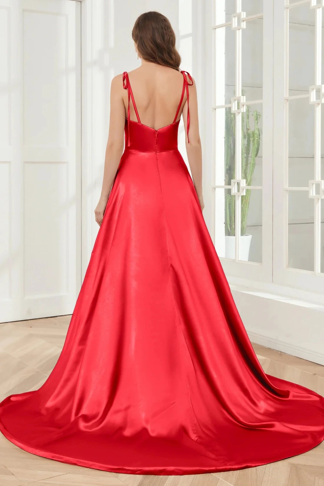 Evening Dresses Thigh-high Slit A-line Spaghetti Straps Zipper Up Evening Dresses Woman Elegant Red Floor-length Evening Gown