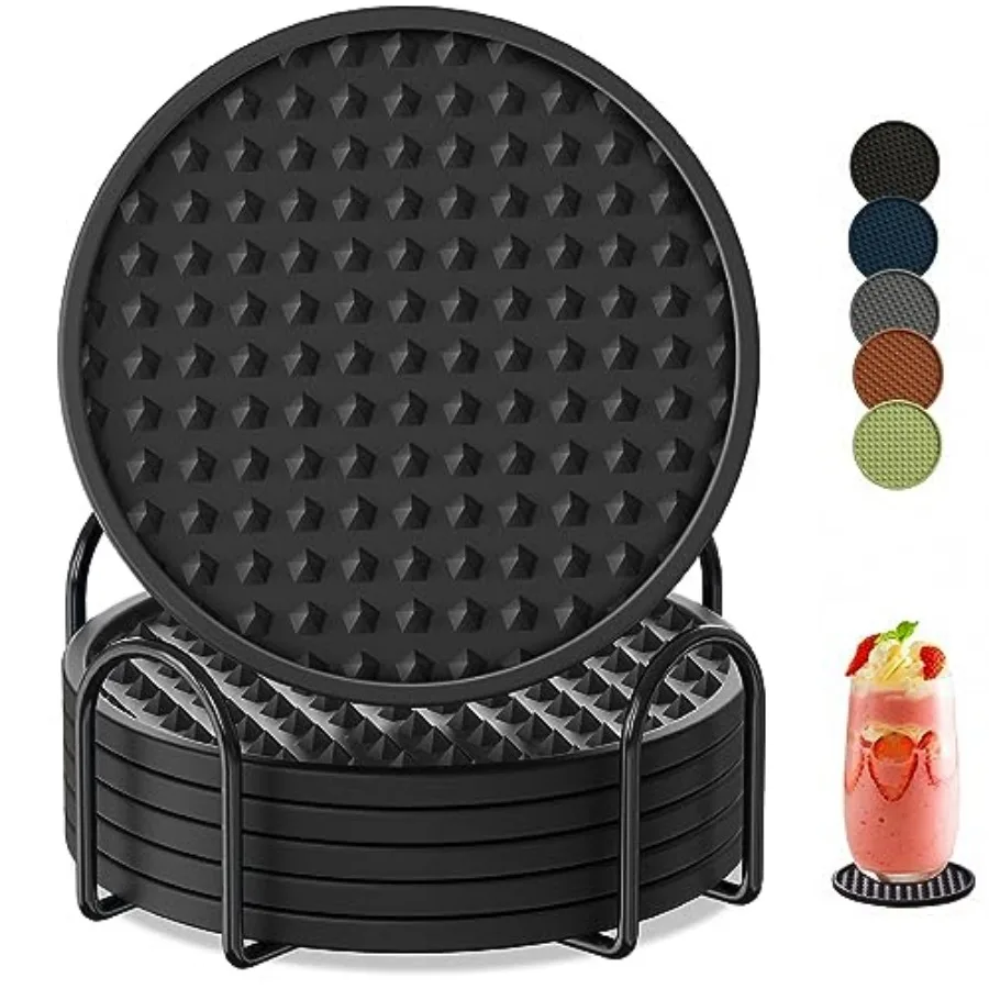 Coasters for Drinks 6 Pack Drinking Coaster with Holder, Heat Resistant Silicone Cup Mat Tabletop Protection, Non-Slip Rubber C