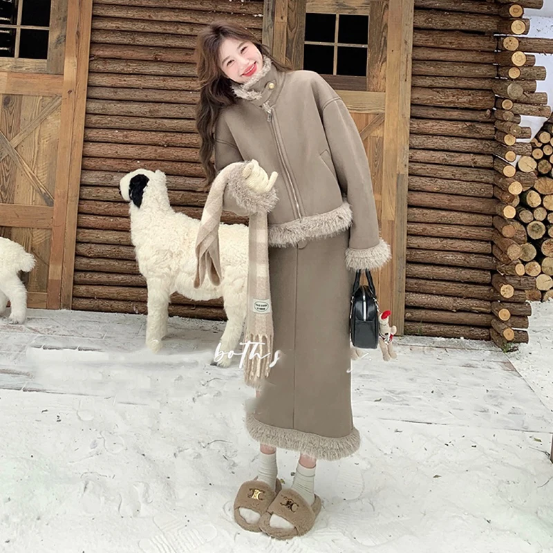 Grey coffee color high-end lamb wool set women in winter fashion versatile thick cotton jacket+half skirt two-piece set