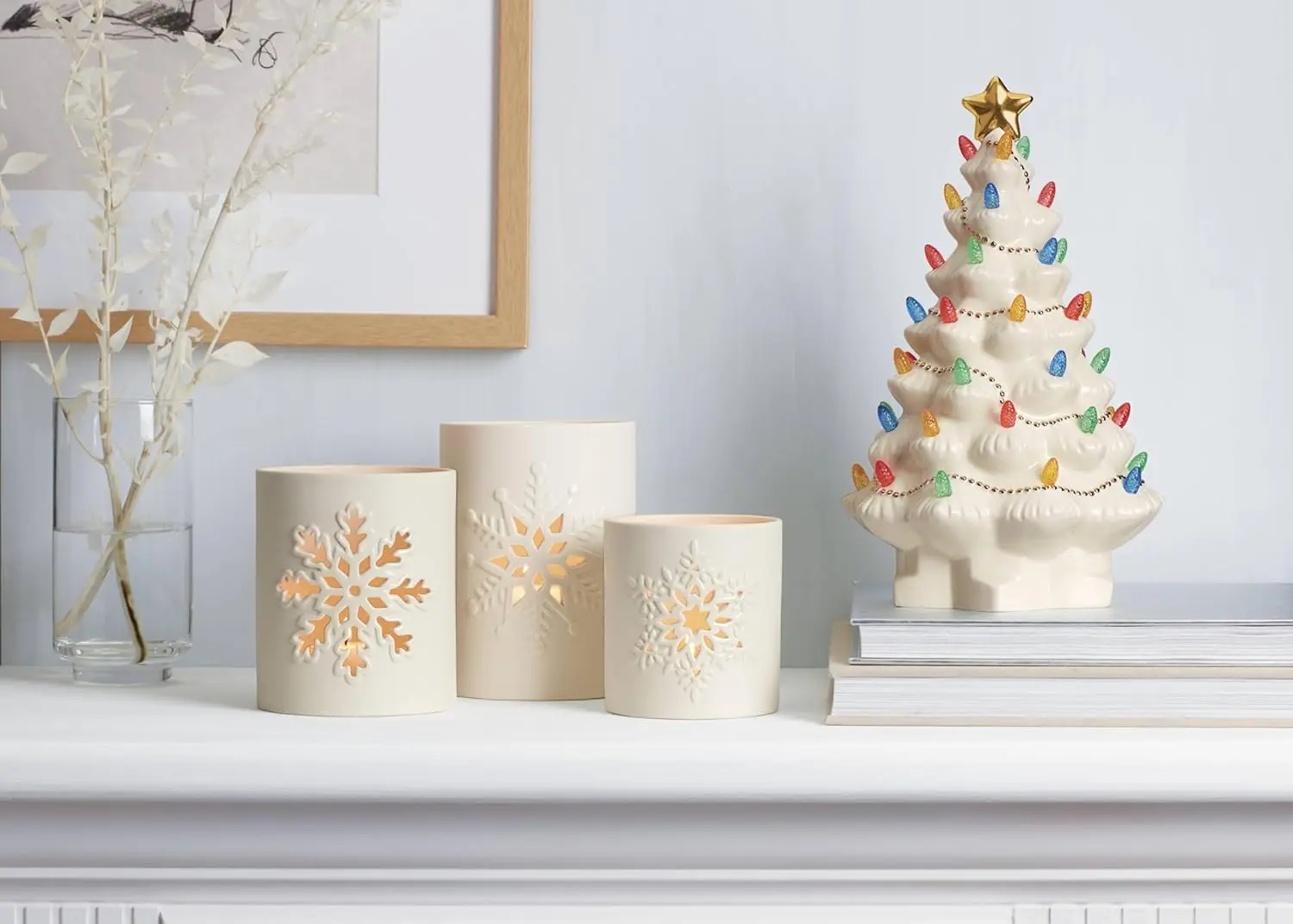 تمثال شجرة عيد الميلاد من السيراميك المضيء باللون العاجي، ديكور للعطلات للشتاء الداخلي، ارتفاع 8.82 بوصة، البطاريات غير متضمنة