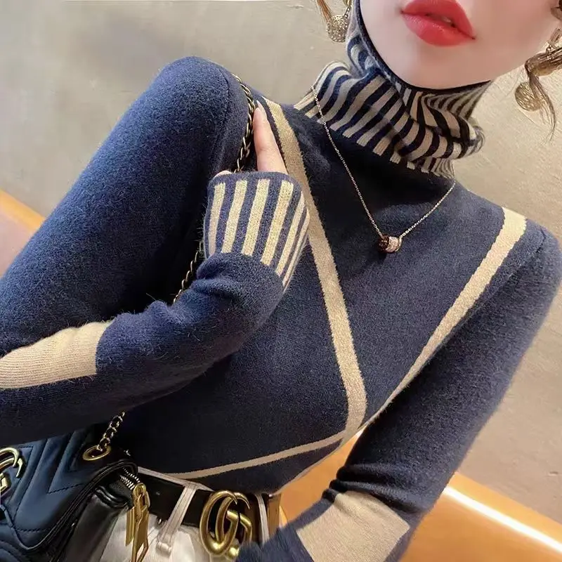 Fashion Contrast All-match Bottoming Shirt Autumn Winter New Long Sleeve Vintage Pullovers Sweaters Elegant Casual Women Clothes