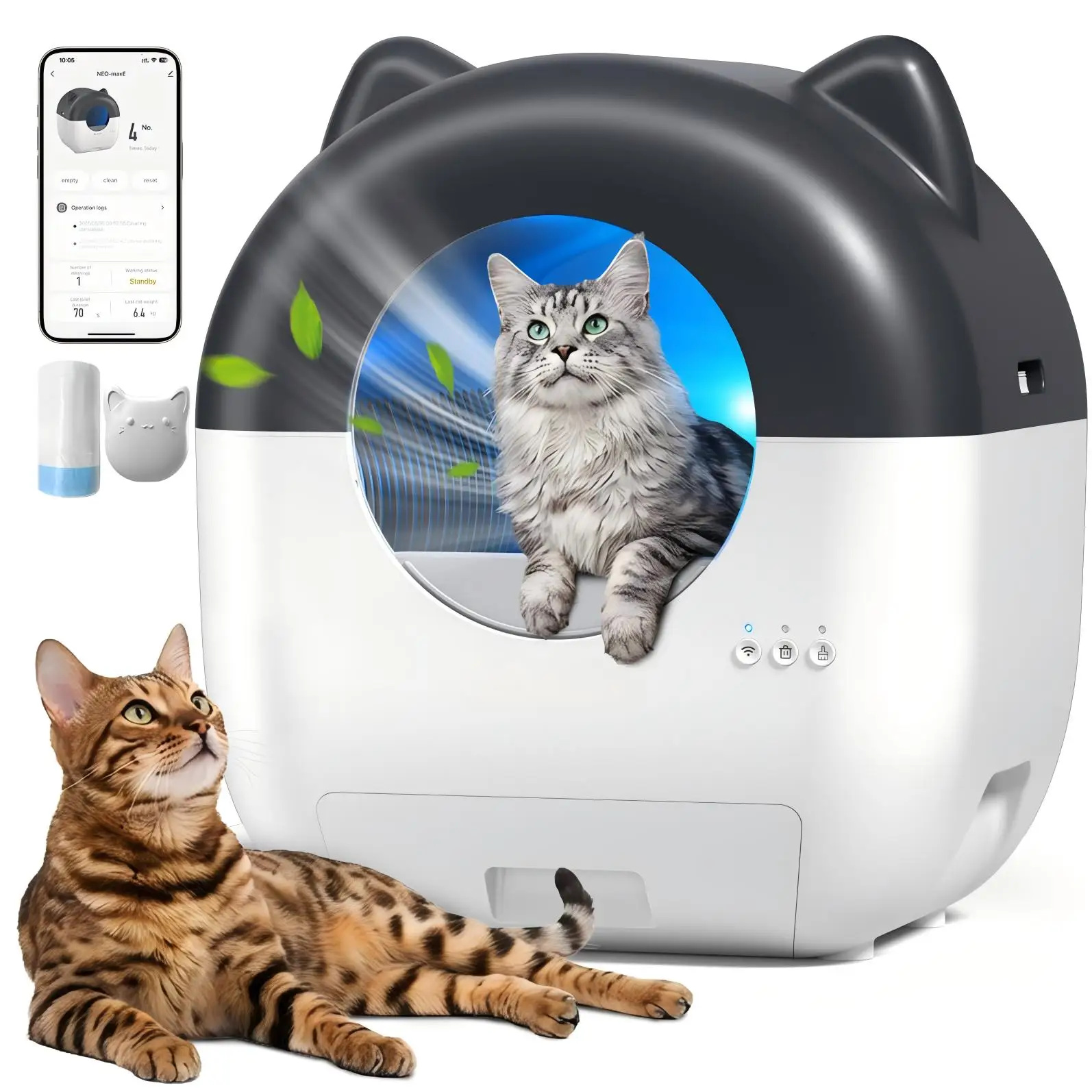 Easy Clean Smart Cat   Box with App Control Automatic Operation PP Material Round Design 76L Capacity