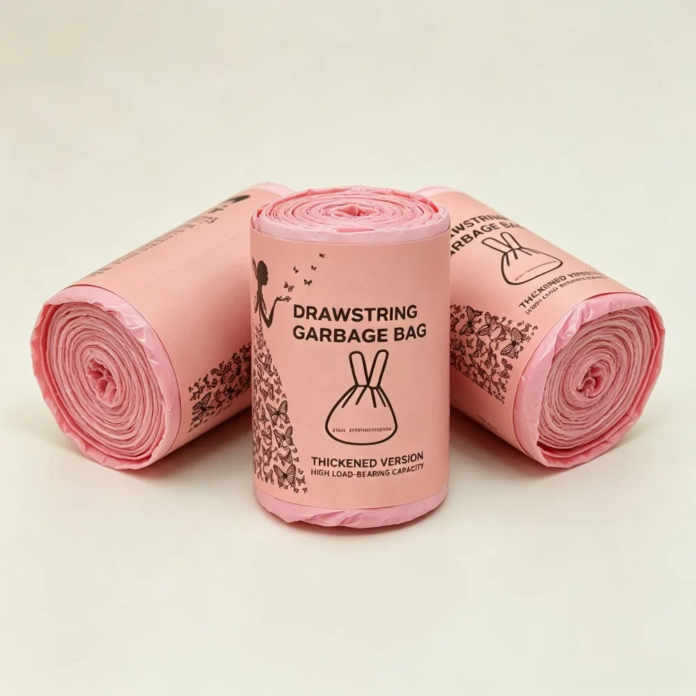 Pink Drawstring Trash Bags, Heavy Duty Large Disposable Garbage Bags, Leak Resistant Rubbish Bin Liners for Kitchen Home Outdoor Picnic, 1 Roll
