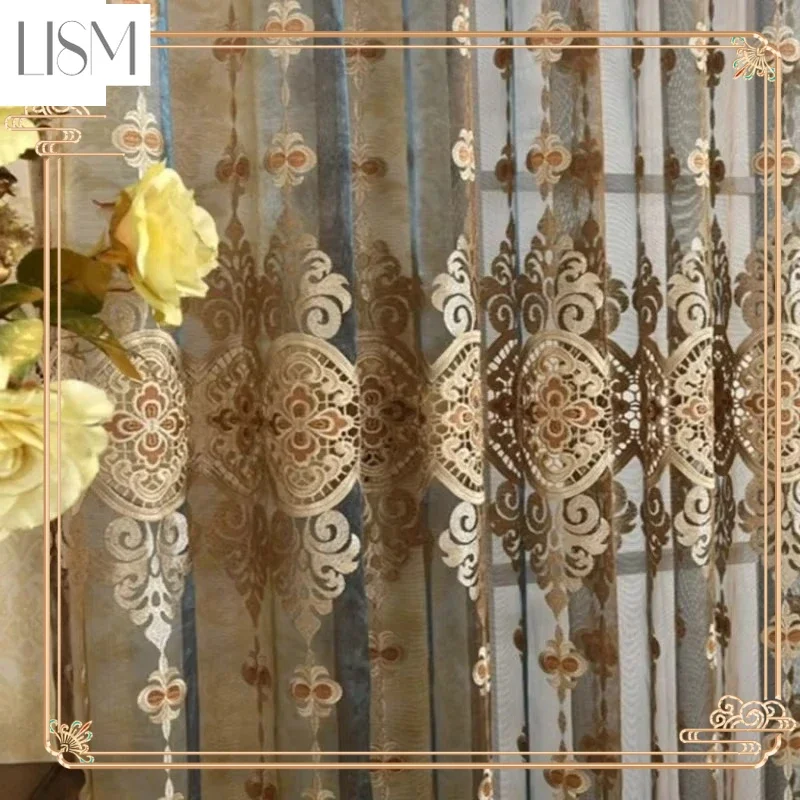 European Luxury Embroidery Coffee Beige Tulle Sheer Curtains For Living Room Bedroom Dining Thicken Window Decor Custom Thicken